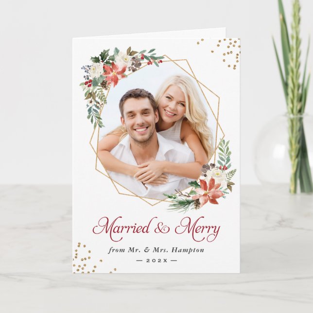 Newlywed Married and Merry Modern Geometric Photo Holiday Card (Front)
