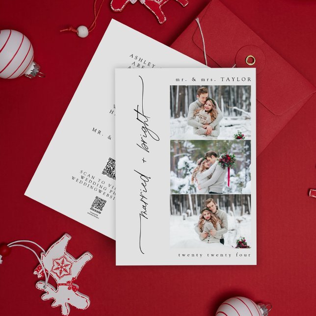 Newlywed Married + Bright First Christmas QR Code  Holiday Card (Easily personalize this QR code holiday wedding announcement with your photos, website, and message)