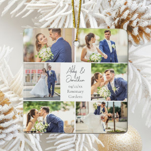 Newlywed Married Couple Photo Collage Christmas Ceramic Ornament