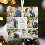 Newlywed Married Couple Photo Collage Christmas Metal Tree Decoration<br><div class="desc">This beautiful newlywed couple keepsake metal Christmas ornament gift features a classy layout of 6 wedding photos on a white background with the married couple's names,  location,  and date. A wonderful commemorative holiday photo gift for your wife or husband to treasure forever. Add a full photograph on the back.</div>