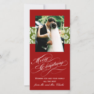 Newlywed Merry Christmas Photo Cards Green Damask