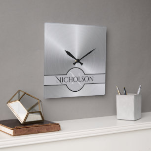 Newlywed Monogram Custom Name Metallic Texture Square Wall Clock