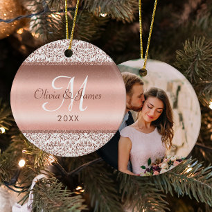 Newlywed Monogram Photo Elegant Rose Gold  Ceramic Ornament