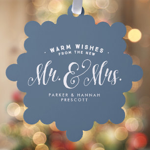 Newlywed Mr and Mrs elegant blue Christmas photo Tree Decoration Card