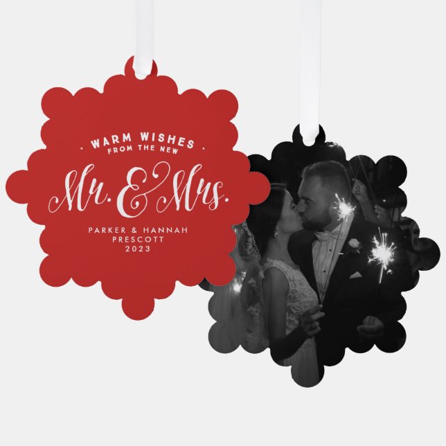 Newlywed Mr and Mrs elegant red Christmas photo Tree Decoration Card (Front/Back)