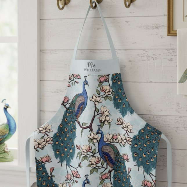 Newlywed Mr and Mrs Floral Peacock Blue Apron (Chic Blue Floral Peacock Pattern in Modern Chinoiserie Style for Mrs. Bridal Shower Gift for Bride.)