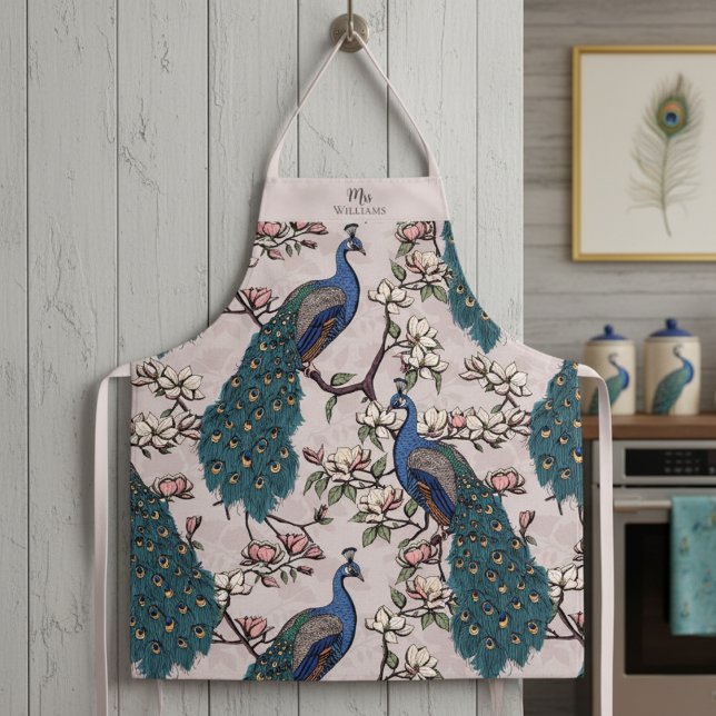 Newlywed Mr and Mrs Floral Peacock Blush Pink Apron (Chic Pink Floral Peacock Pattern in Modern Chinoiserie Style for Mrs. Bridal Shower Gift for Bride.)