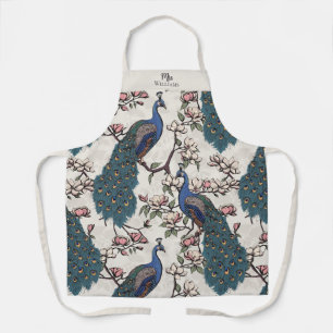 Newlywed Mr and Mrs Floral Peacock Ivory Apron