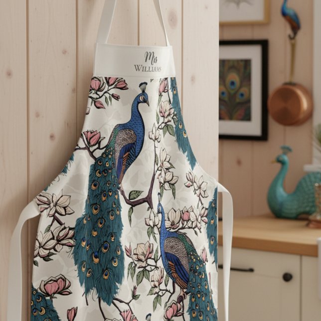 Newlywed Mr and Mrs Floral Peacock Ivory Apron (Chic Ivory Floral Peacock Pattern in Modern Chinoiserie Style for Mrs. Bridal Shower Gift for Bride.)