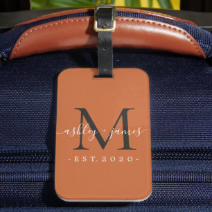 Newlywed Mr Mrs Black Monogram Names Burnt Orange Luggage Tag
