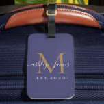 Newlywed Mr Mrs Gold Monogram Names Year Navy Blue Luggage Tag<br><div class="desc">Chic, modern and simple monogrammed luggage tag with the text Mr and Mrs in white elegant handwritten script calligraphy on a navy blue background with your monogram in gold. Simply add your married name, year established and monogram in stylish typography. Perfect luxury gift for the newlywed couple's wedding guests. Exclusively...</div>