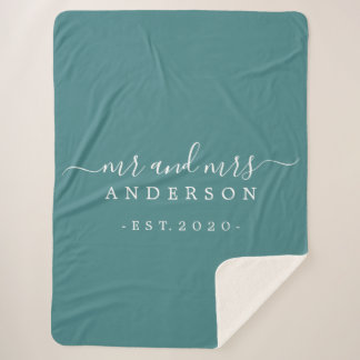 Newlywed Mr Mrs Monogram Year Teal Sherpa Blanket
