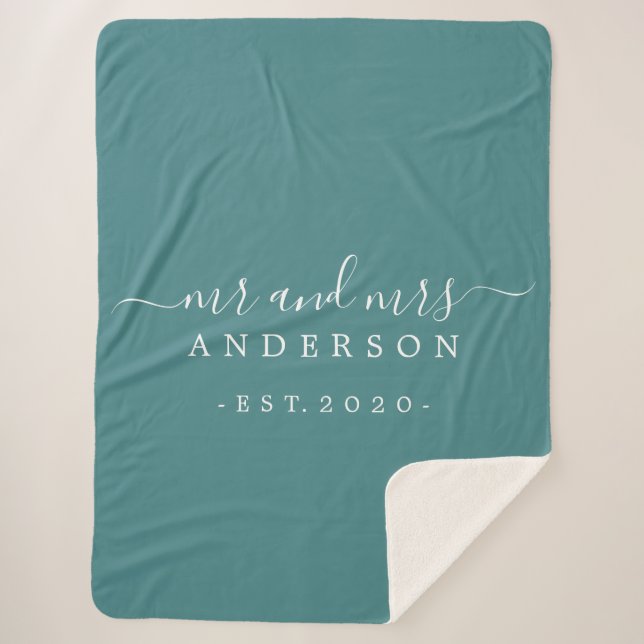 Newlywed Mr Mrs Monogram Year Teal Sherpa Blanket (Front)