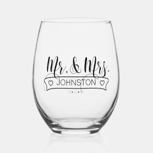 Newlywed Name Banner Mr & Mrs ID668 Stemless Wine Glass