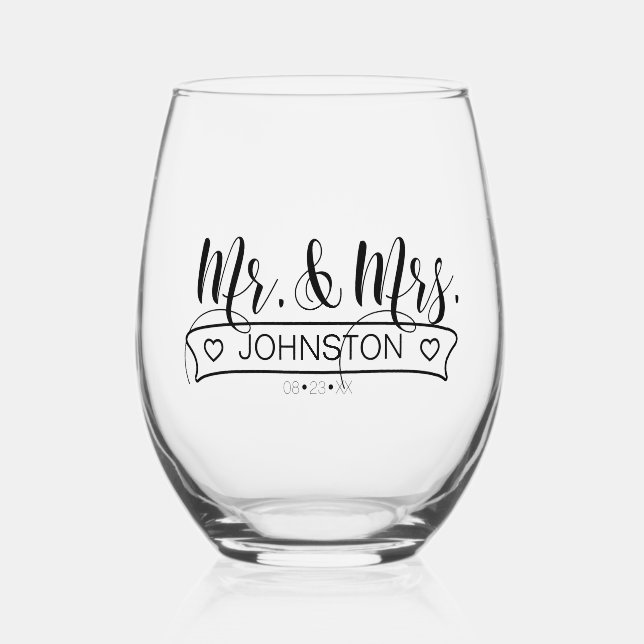 Newlywed Name Banner Mr & Mrs ID668 Stemless Wine Glass (Front)