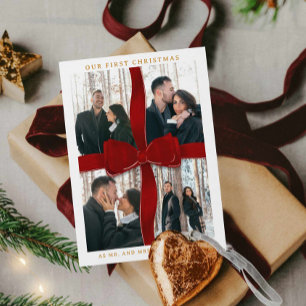 Newlywed Our First Christmas Red Bow Photo Holiday Invitation
