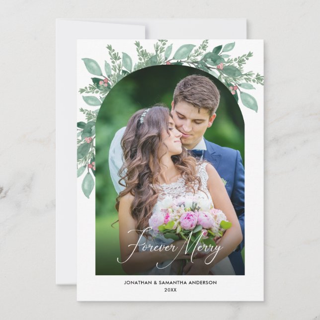 Newlywed Photo Arch Forever Merry Greenery Holiday Card (Front)