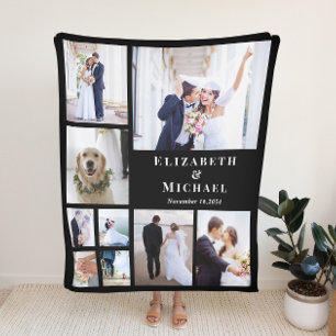 Newlywed Photo Collage Black Wedding Fleece Blanket