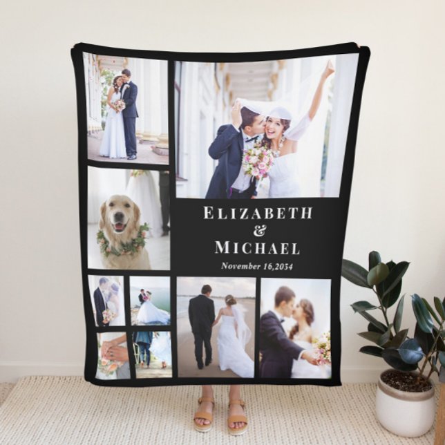 Newlywed Photo Collage Black Wedding Fleece Blanket (Creator Uploaded)