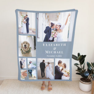 Newlywed Photo Collage Dusty Blue Wedding Fleece Blanket