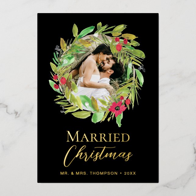 Newlywed Photo Gold Black Married Christmas Wreath Foil Holiday Card (Front)
