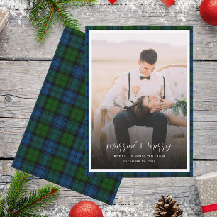 Newlywed Photo Married and Merry Campbell Tartan Holiday Card