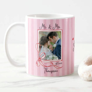 Newlywed Photo Pink Striped Mr and Mrs Coffee Mug