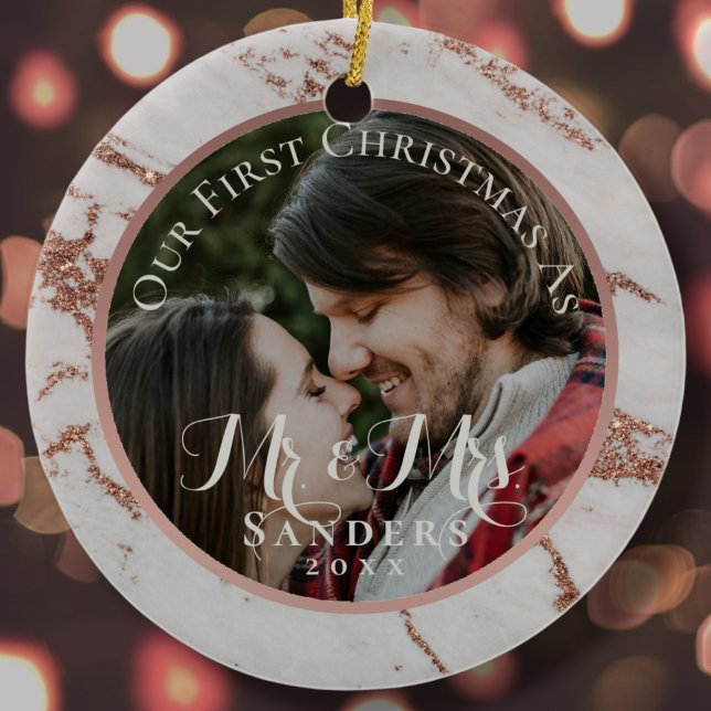 Newlywed Photo Rose Gold Glitter Marble Christmas Ceramic Ornament (Creator Uploaded)