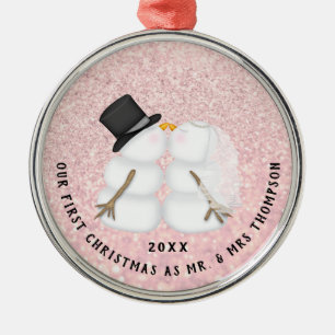 Newlywed Pink Snow Couple First Christmas Metal Ornament