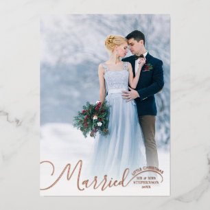 Newlywed Script Married Little Christmas 2 Photos Foil Holiday Card