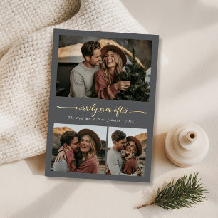Newlywed Script Merrily Ever After Photo Gold Foil Holiday Card