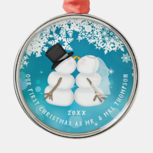 Newlywed Snow Couple First Christmas   Metal Ornament