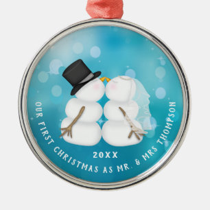 Newlywed Snow Couple First Christmas Metal Ornament