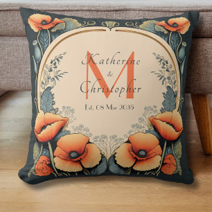 Newlywed Vintage Floral Monogram Poppy Art Nouveau Cushion