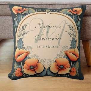 Newlywed Vintage Floral Monogram Poppy Art Nouveau Cushion