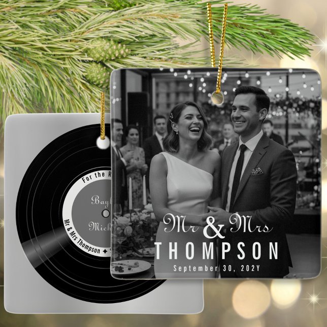 Newlywed Vinyl Record Album Cover Mr & Mrs Photo Ceramic Ornament (Keepsake first Christmas photo ornament for vinyl record lovers to celebrate as newlyweds!)