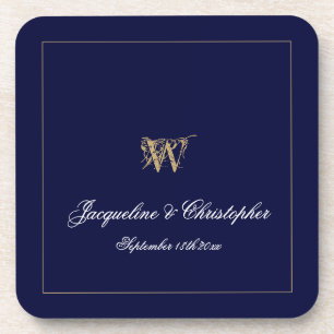 Newlywed/Wedding Gift Monogram Names Chic Navy Coaster