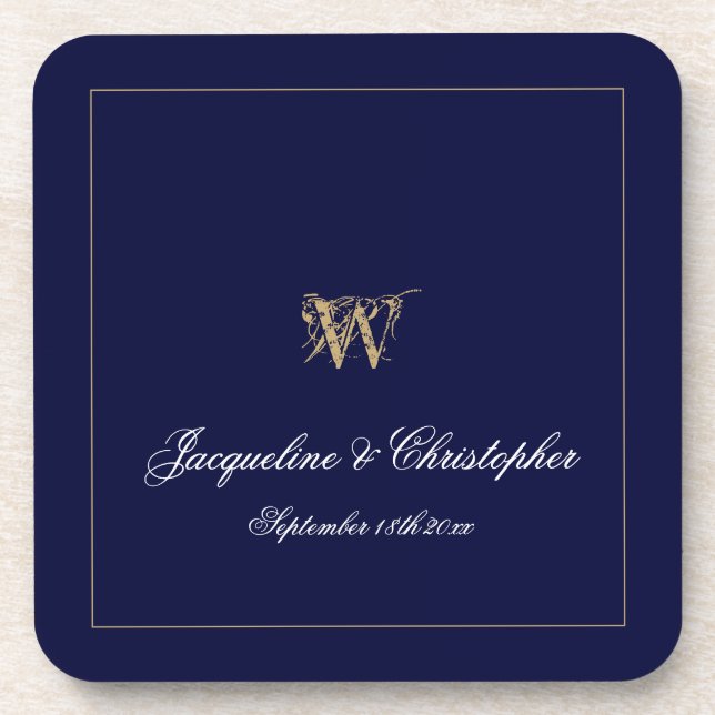 Newlywed/Wedding Gift Monogram Names Chic Navy Coaster (Front)