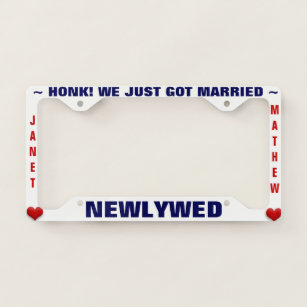 Newlywed Wedding Honeymoon with Hearts Licence Plate Frame