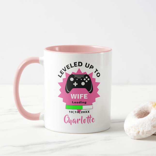 Newlywed Wife Gift Levelled Up Gamer Fun Mug (With Donut)