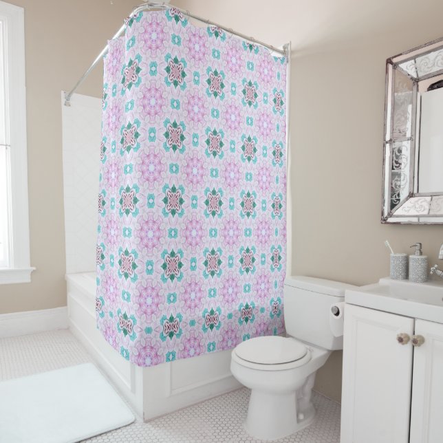 NEWLYWEDGIFT PINK GEOMETRIC FLORAL  SHOWER CURTAIN (In Situ)