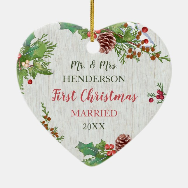 Newlyweds 1st Christmas Custom Photo Rustic Ceramic Ornament (Back)