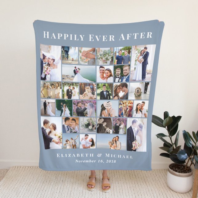 Newlyweds 30 Photo Collage Dusty Blue Wedding Fleece Blanket (Creator Uploaded)