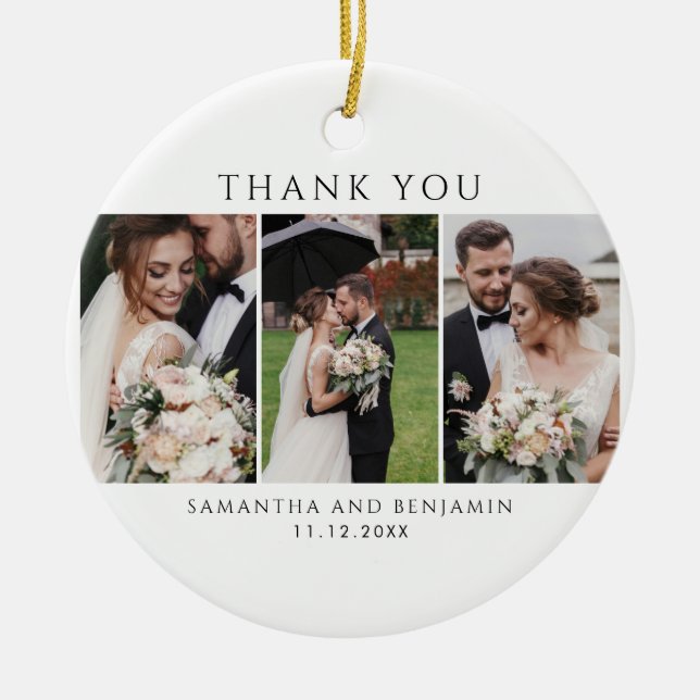 Newlyweds 3 Photo Wedding Thank You Christmas Ceramic Ornament (Front)