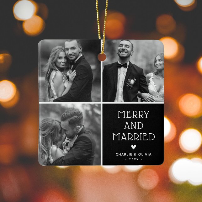 Newlyweds 3 x Photo Merry & Married Christmas Ceramic Ornament (Creator Uploaded)