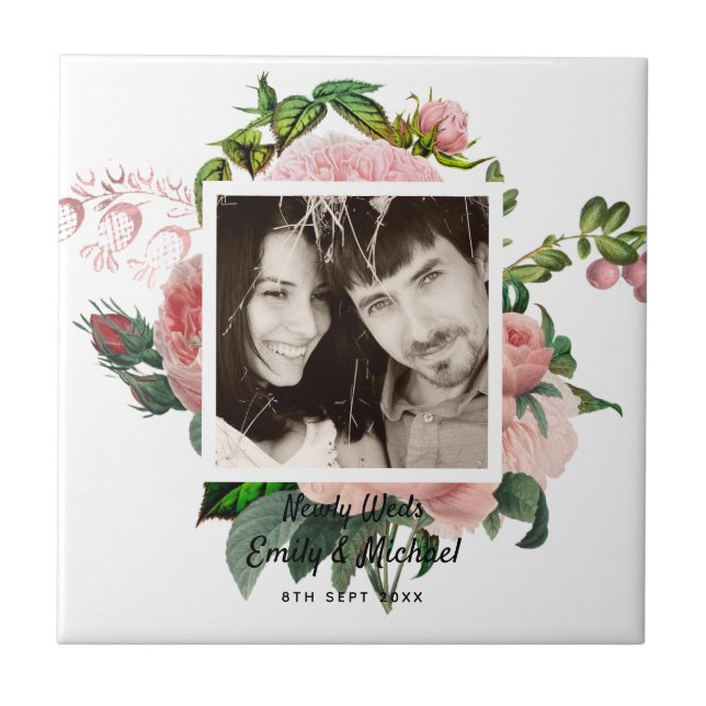 Newlyweds Blush Pink Roses Botanical Floral PHOTO Ceramic Tile (Front)