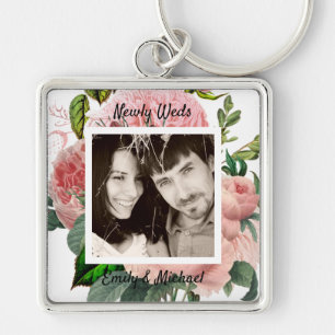 Newlyweds Blush Pink Roses Botanical Floral PHOTO Key Ring