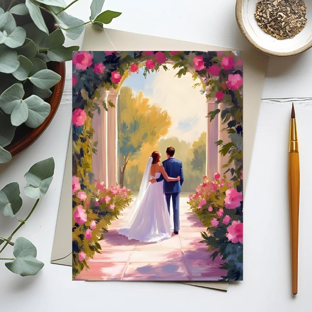 Newlyweds Bride & Groom Wedding Painting Postcard (Creator Uploaded)