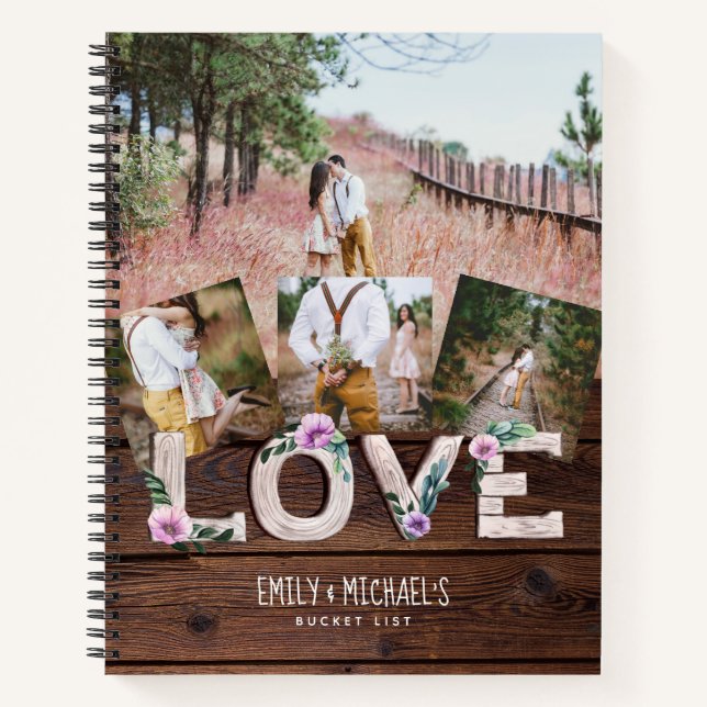 Newlyweds BUCKET LIST Photo Rustic Purple Floral Notebook (Front)