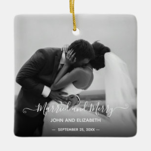 Newlyweds Couple First 2 Photo Mr and Mrs Simple Ceramic Ornament